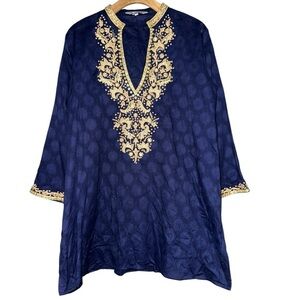 Sulu Collection Women’s Size 14 Navy Blue Gold Embroidered Long Sleeve Tunic Top